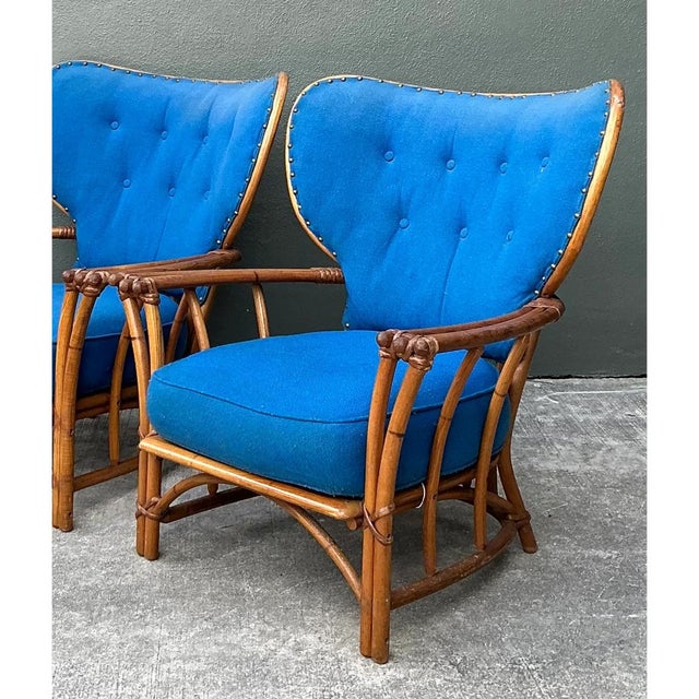Wood Vintage Heywood Wakefield Rattan Lounge Chairs - Pair For Sale - Image 7 of 13