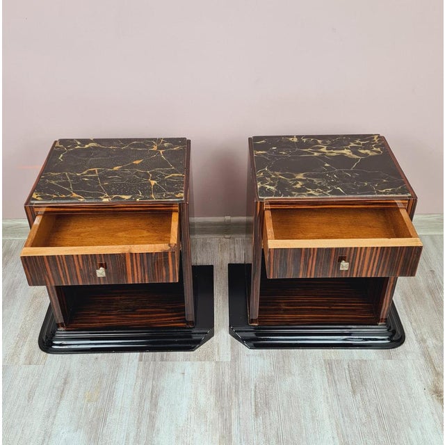 Art Deco Bedside Tables in Makassar Ebony and Portoro Marble, 1930s, Set of 2 For Sale - Image 9 of 14