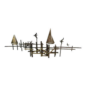 Curtis Jere Sailboats and Dock Wall Sculpture Signed Mid-Century Modern