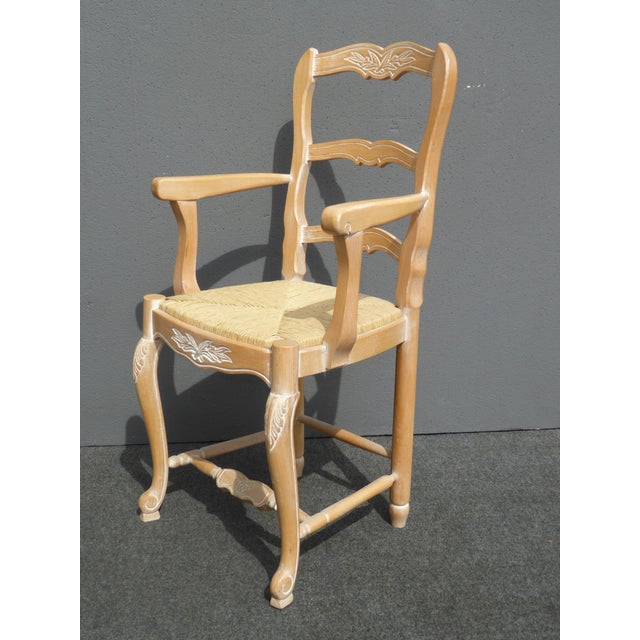 French Country White Wash Carved Wood Rush Dining Chairs Set of 6