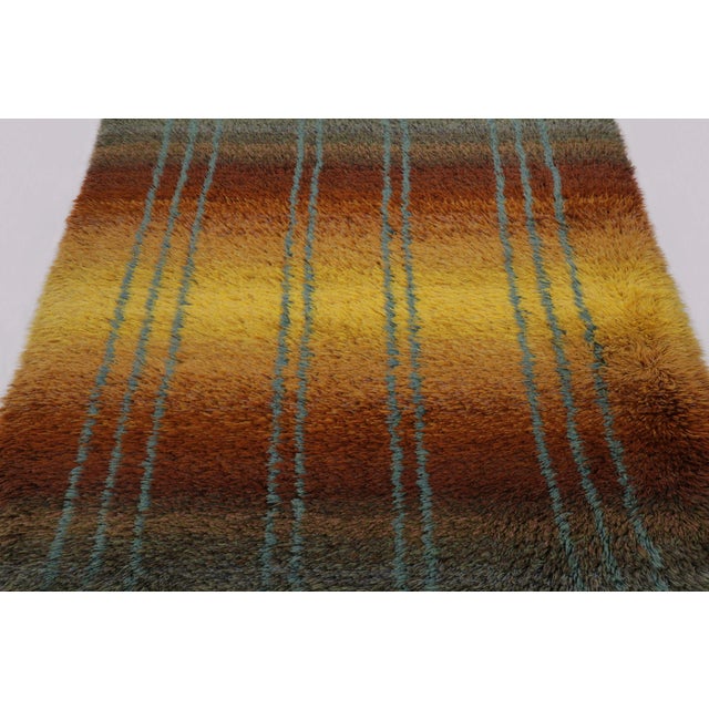 Rug & Kilim Vintage Swedish Rya Rug With Golden Ombre and Blue Linear Geometry - Rug & Kilim For Sale - Image 4 of 9