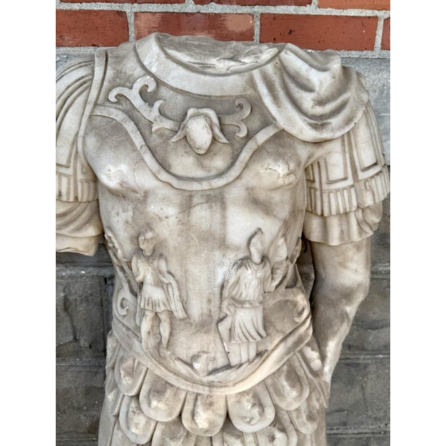 Late 20th Century Life Sized Marble Roman General Statue On Travertine Block Garden Ornament For Sale - Image 9 of 17