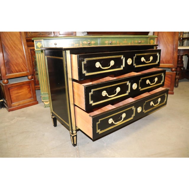 French Directoire Heavily Brass Inlaid Ebonized Commode Circa 1940 Jansen For Sale - Image 10 of 13