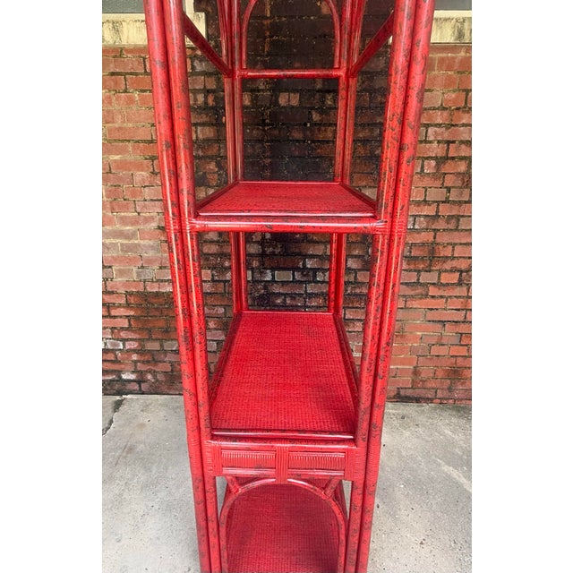 Vintage Rattan Etagere Bookcase in Vermillion Red With Faux Tortoise Shell Finish - Newly Painted For Sale - Image 9 of 12