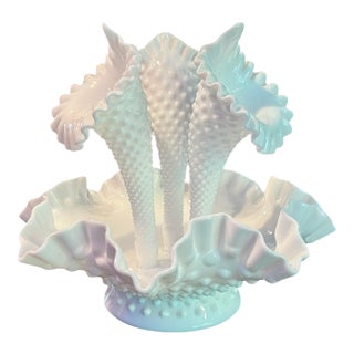 1950s Fenton Milk Glass Hobnail Epergne-3 Horn-Flower Vase Centerpiece For Sale