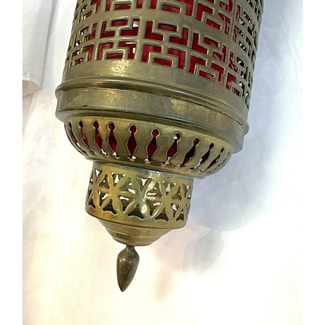 1900's Middle Eastern Hammered & Pierced Brass Swag Electrified Lanterns With Red Liner- A Pair For Sale - Image 9 of 18
