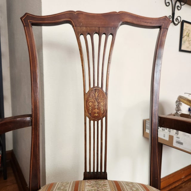 Antique Parisian Armchair, Side / Parlor, Gilt Floral Inlaid Medallion & Gilt Lined Frame French Victorian Original Satin STripe Uphostery - Few Flaws For Sale - Image 12 of 16