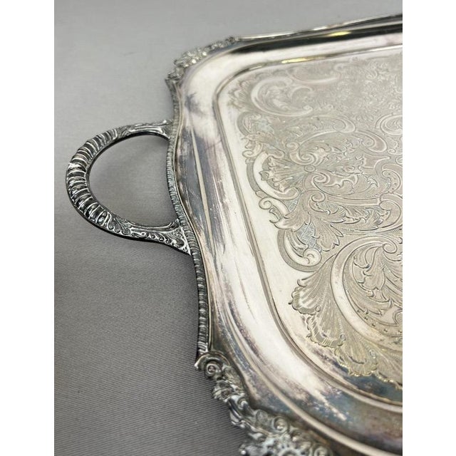 Vintage English Ornate Engraved Metal Twin Handle Tray For Sale - Image 13 of 18