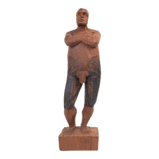 Vintage Folk Art Wood Carving Man With Tribal Tattoos For Sale