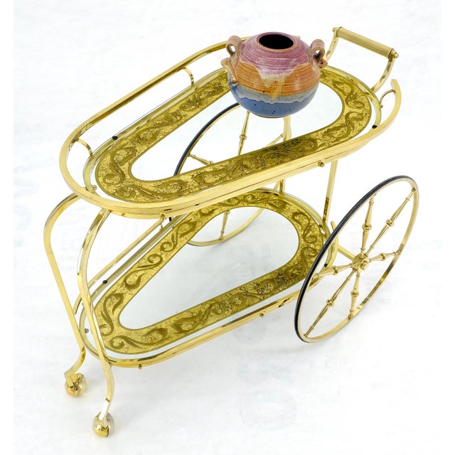 Brass Brass Etched Glass Mid Century Modern Serving Bar Cart Wagon Style Wheels MINT For Sale - Image 8 of 14