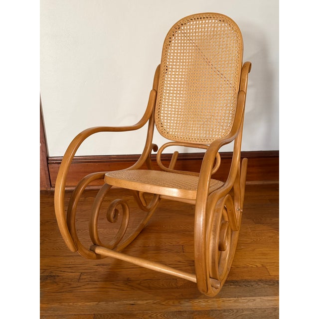 Art Nouveau Vintage Thonet Style Bentwood and Cane Rocking Chair For Sale - Image 3 of 11