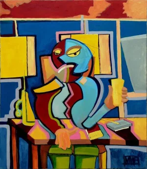 "Happy Hour" Contemporary Abstract Figurative Mixed-Media Painting