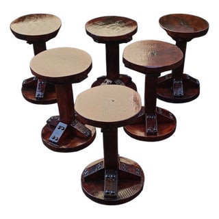 Studded Wooden Stools, 1970s, Set of 6 For Sale