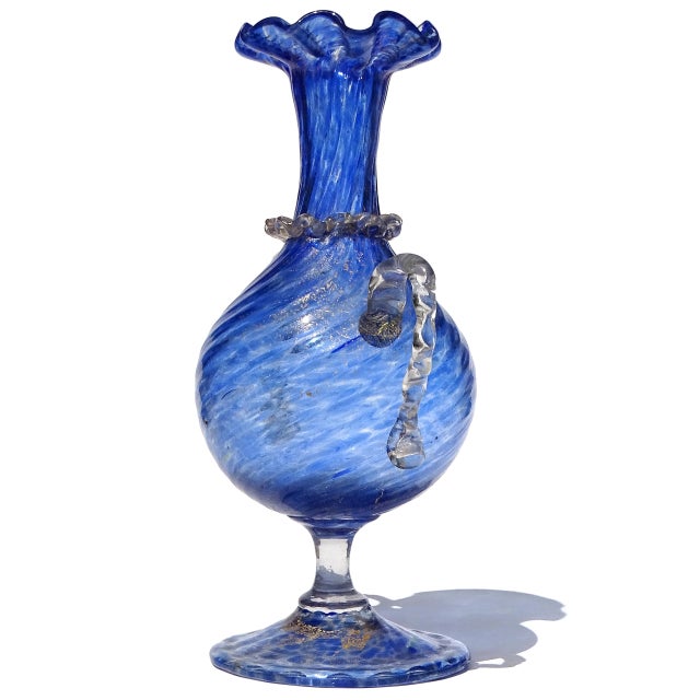 Late 19th Century Antique Venetian Murano Sapphire Blue Gold Leaf Handles Italian Art Glass Ruffle Rim Footed Flower Vase For Sale - Image 5 of 9