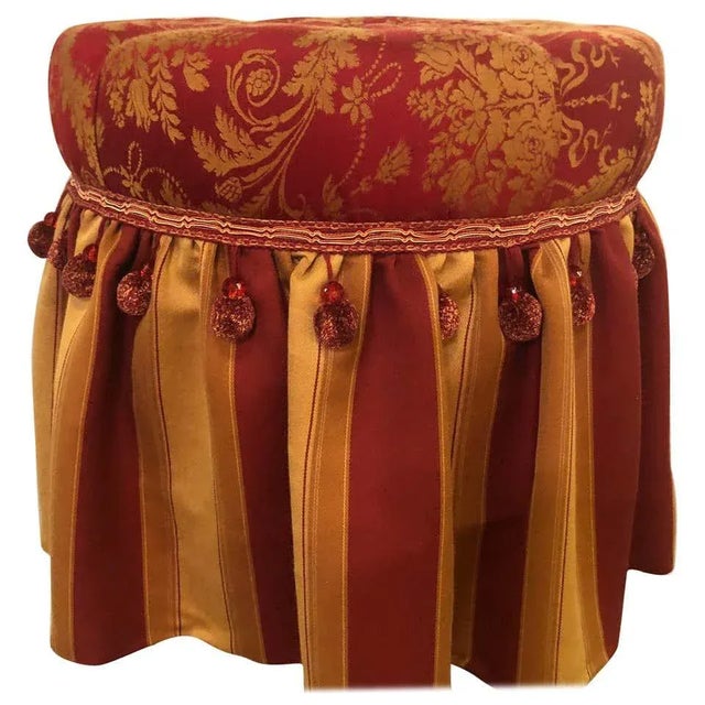 Hollywood Regency Upholstered Tufted Red and Gilt Decorated Ottoman For Sale In New York - Image 6 of 6