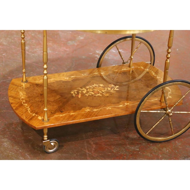 Mid-Century Italian Marquetry Bar Cart With Drop Leaves and Gilt Brass Gallery For Sale - Image 4 of 8