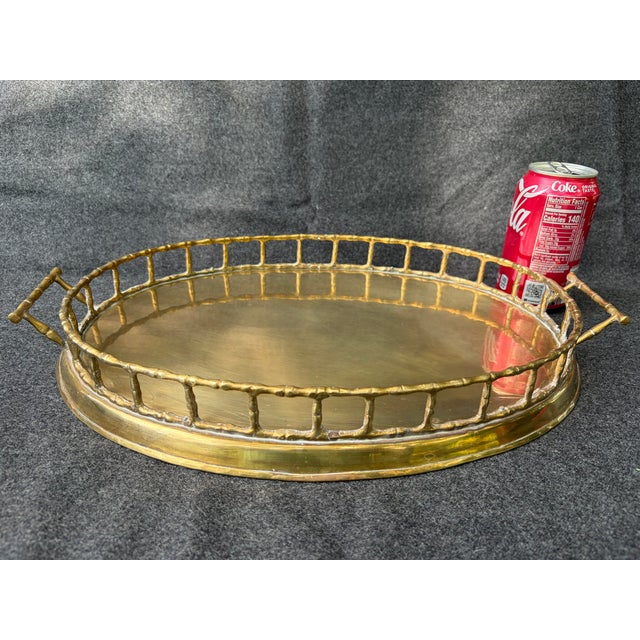 Metal Vintage Faux Bamboo Brass Oval Tray For Sale - Image 7 of 17