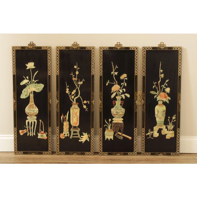 High Quality Vintage Lacquered 4 Wall Panels, Carved Soapstone and Hand Painted Chinoiserie Decoration