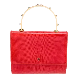 1980s Judith Leiber Karung Top Handle Red Snakeskin Day Evening Handbag Gemstones