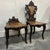 Beautiful Black forest style Swiss chairs. One female chair for gowns. Inlaid ram design on the seats