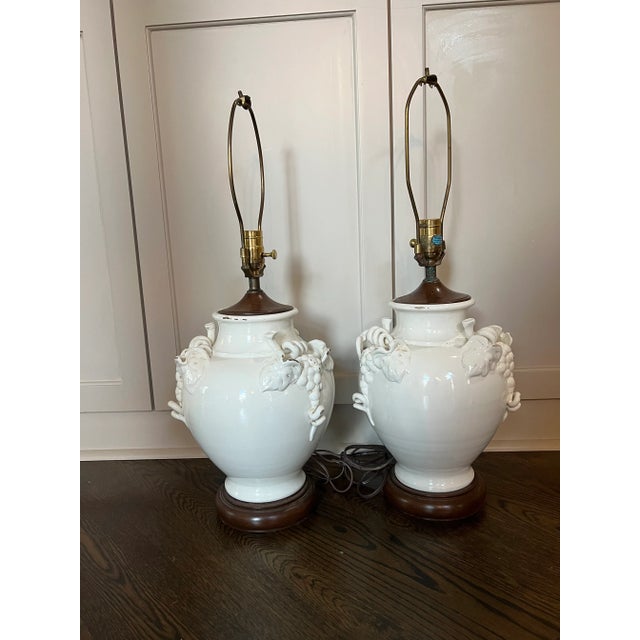 Pair Vintage French Ceramic Cream Glazed Vine Grape Theme Lamps For Sale - Image 13 of 13