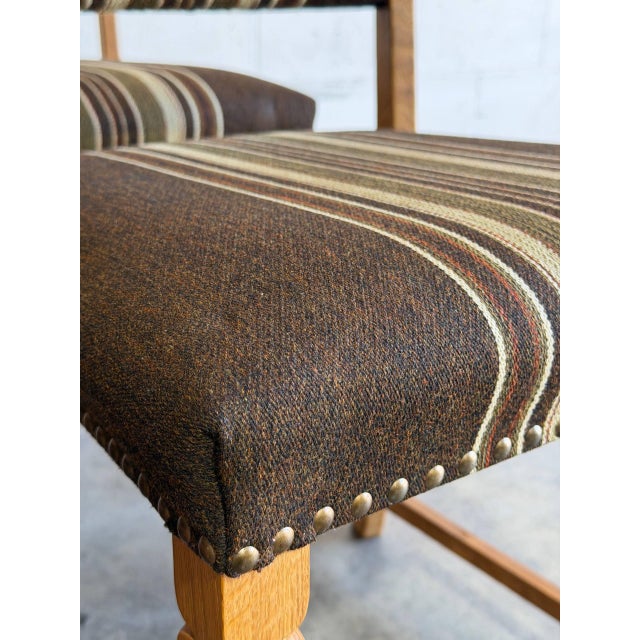 In Style of Henning Kjærnulf Oak Dining Chairs Set of 6 With Striped Upholstery 1970s For Sale In Los Angeles - Image 6 of 11