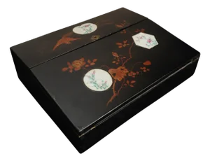 Victorian Japanned Writing Slope with Decorative Enamel Inlays & a Fitted Interior with Black Velvet, Set of 2