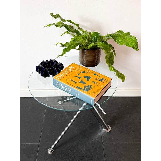 Vintage Modern Minimalist Round Glass Side Table with Sculptural Chrome Base, 1990s For Sale - Image 4 of 15