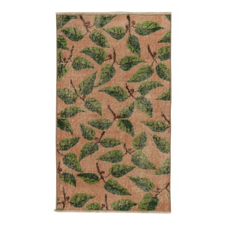 1960s Vintage Distressed Style Rug in Pink-Brown, Green and Black Floral Pattern For Sale