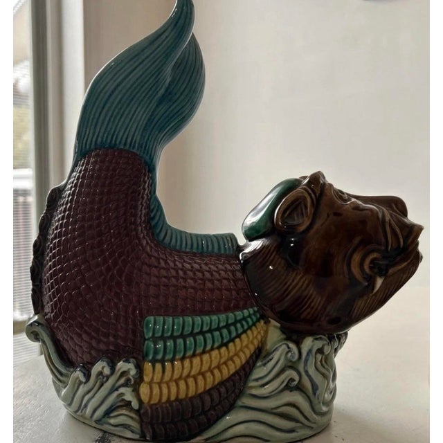 Mid 20th Century Vintage Pair of Chinese Porcelain Statues of Koi Dragon Carp Dragon Fish Figurines. 10"h & 9.5"h For Sale - Image 5 of 14