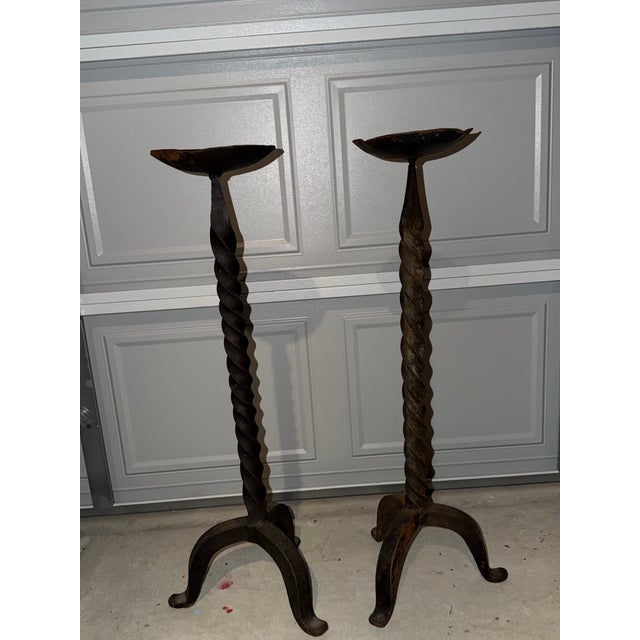 Large Heavy Vintage Iron Swirl Floor Candle Holders For Sale - Image 4 of 11