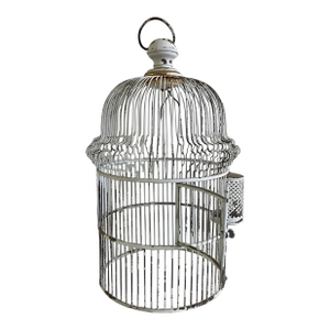 Vintage White Painted Metal Birdcage – Decorative Farmhouse Accent
