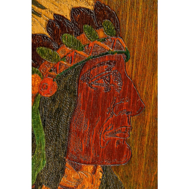 1900s Native American Indian Chief Pyrography Plaque Antique Hand Painted Folk Art Wood Wall Hanging Home Decor For Sale - Image 4 of 13