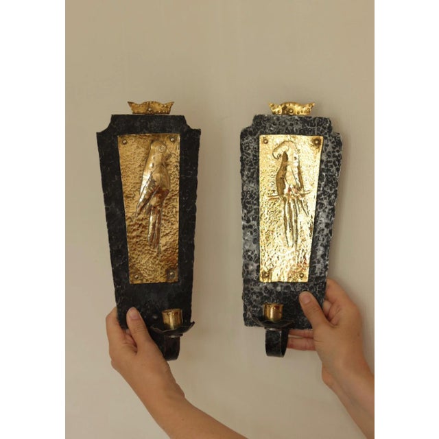 Mid-Century Modern Swedish Brass and Wrought Iron Sconces with Bird Motifs, Set of 2 For Sale - Image 14 of 14