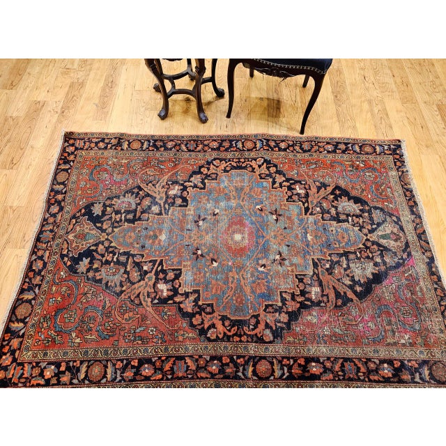 Textile 19th Century Persian Farahan Rug, Hand-Knotted Wool, Floral Medallion Design, Blue & Red, 4x6 For Sale - Image 7 of 18