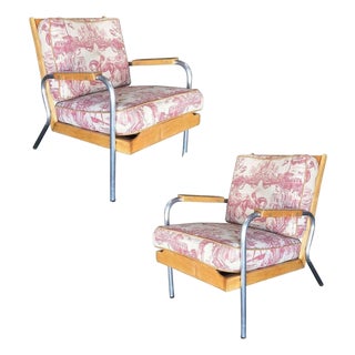 Mid-Century Francois Caruelle Style Blonde Lounge Chair, Pair For Sale