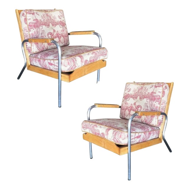 Rare Mid-Century Chrome Tubular Steel & Blonde Oak Lounge Chair by Hill-Rom Pair For Sale