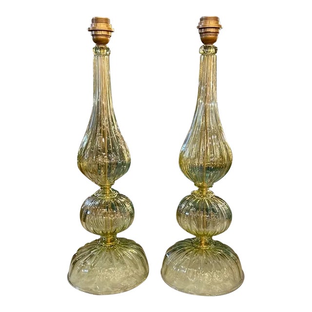 Pair of Modern Murano Green Glass Lamps For Sale