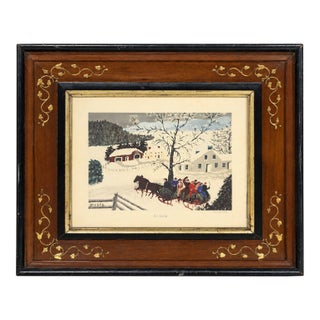Circa 1870's Gilded Vine-Detail Wood Frame With Vintage 1940s Grandma Moses Print For Sale