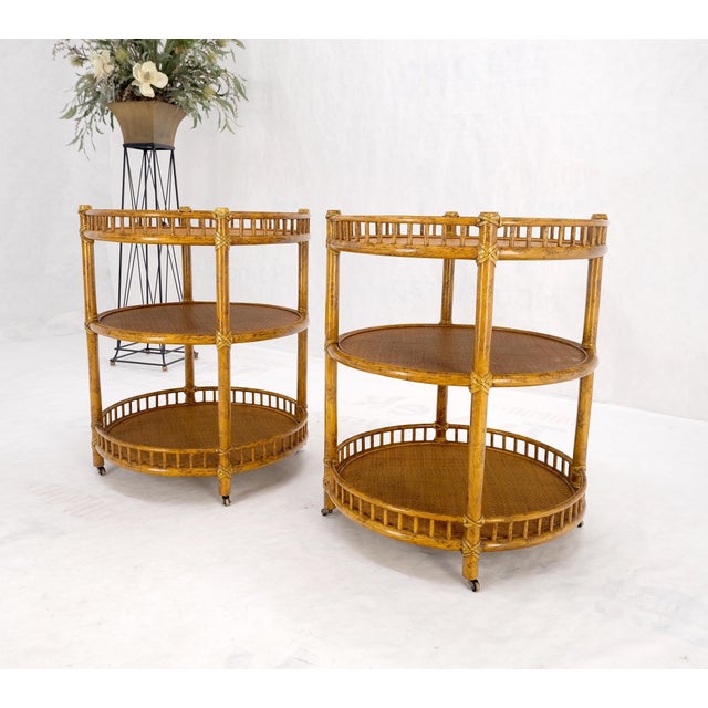 Brown Maguire Round Reed & Cane Three Tier Gallery Top Serving Tables Stands - A Pair For Sale - Image 8 of 12