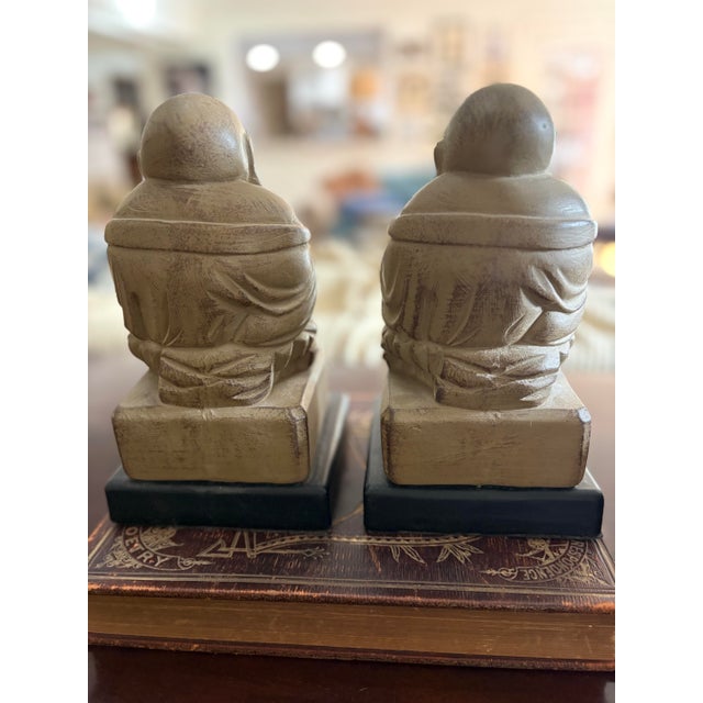 Japanese Vintage Chinoiserie Laughing Buddha Bookends For Sale - Image 3 of 11