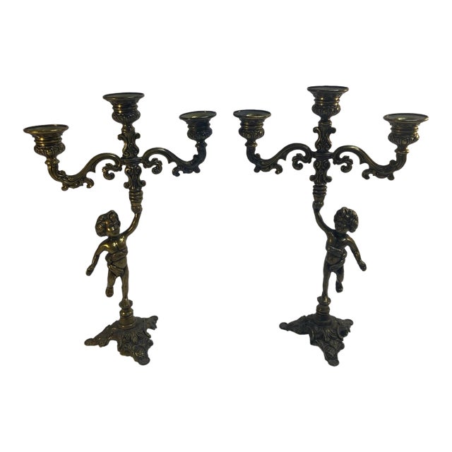 Vintage Pair Cherub Three Armed Candle Holder Cast Metal Italy Chateau Style For Sale