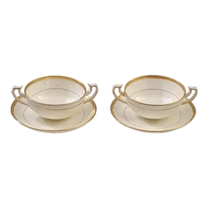 Circa 1910 Minton H969 for Burley & Co Gold Encrusted Cream Soup Bowl & Saucer Set- 4 Pieces
