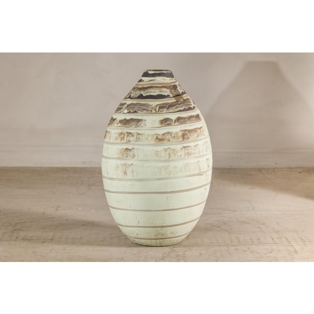 Ceramic Large Artisan Cream Glazed Ceramic Vase with Brown Striated Bands For Sale - Image 7 of 17