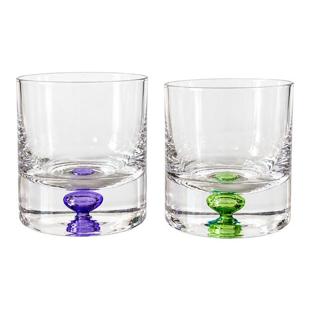 Vintage Krosno Handblown Bubble Base Rocks Glasses – Polish Glassware Purple & Green - Set of 2 For Sale