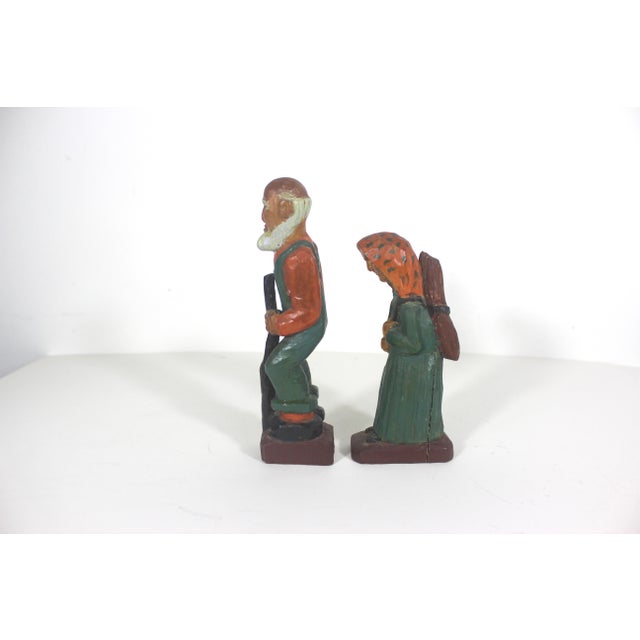 Wood Vintage Hand Carved Painted Wood Man and Woman Folk Art Couple Figurines Carving, Shelf Decor For Sale - Image 7 of 12