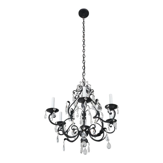 Late 20th Century Traditional Black Steel Six Arm Crystal Chandelier For Sale