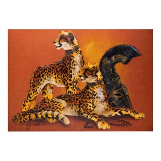 Large 1970s Hollywood Regency Cheetahs and Roman Helmet Oil on Burlap, Signed Wyman, 48 X 36 In. For Sale