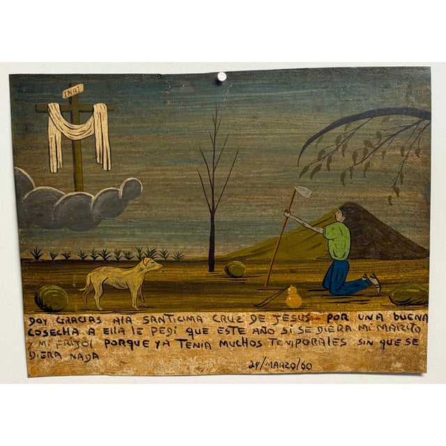 Mexican Ex-Voto Retablo Painting, Dated 1960, Harvest Prayer to the Holy Cross A poignant and finely composed Mexican ex-...
