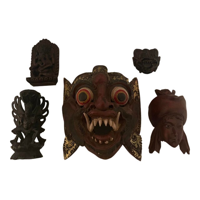 1960s Pilin Gallery Mas Bali Mid-Century Hand-Carved Wood Sculptures - Set of 5 For Sale